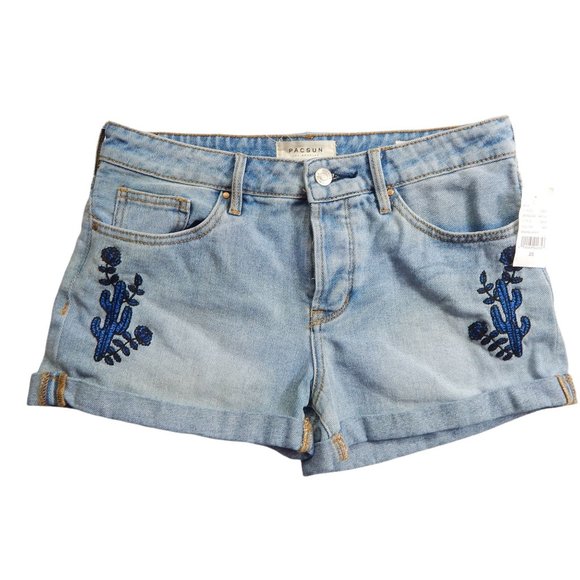 PacSun Womens MId Rise Girlfriend Shorts Button Fly Embroidered Shorts Denim Blu - Picture 2 of 10